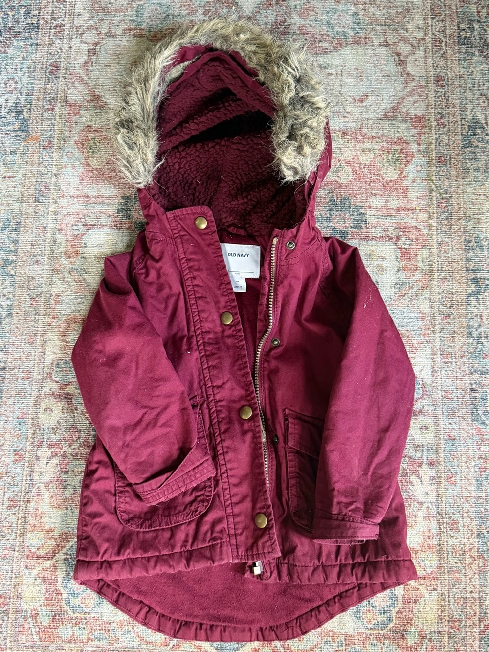Old Navy Maroon Hooded Coat with Faux Fur Trim